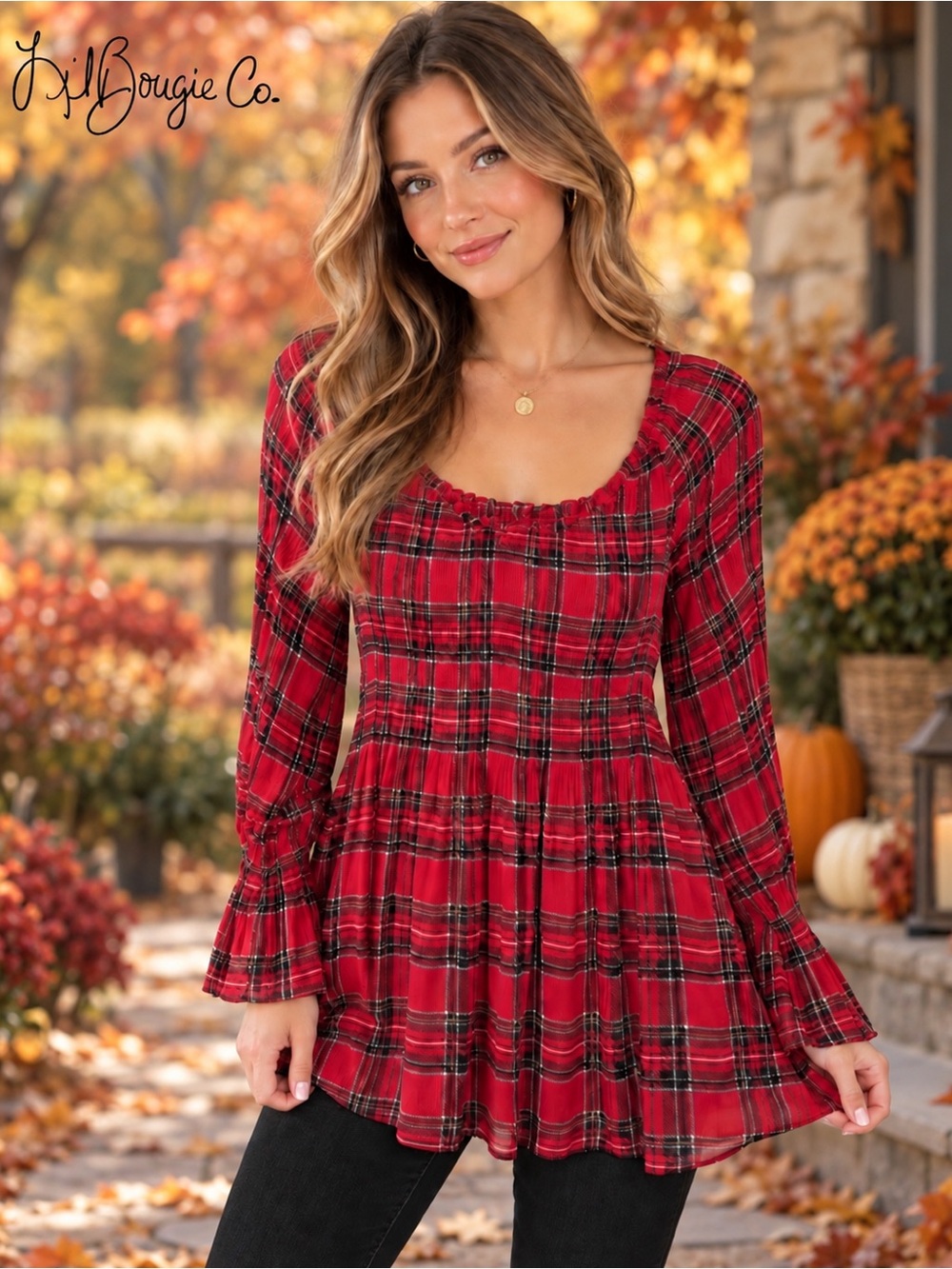 Melissa Paige Red Plaid Long-Sleeve Peplum Top - Size Medium